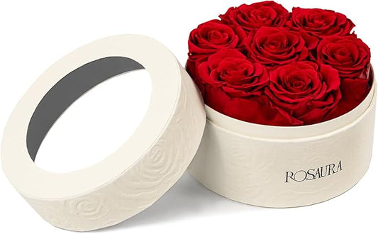 Rosaura Round Preserved Roses Gift Box - Real Forever Flowers for Birthday, Valentine's & Mother's Day (red, 7 Roses)