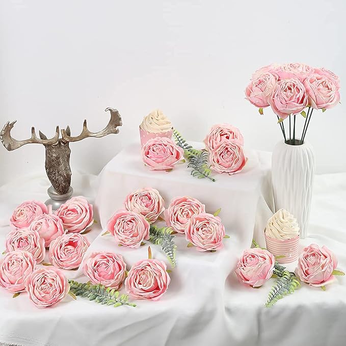 IPOPU Pink Flowers Silk Rose Heads 25PCS Fake Roses Artificial Flowers Real Touch for Wall Decoration Bouquet Flower Heads Bulk Wedding Centerpieces