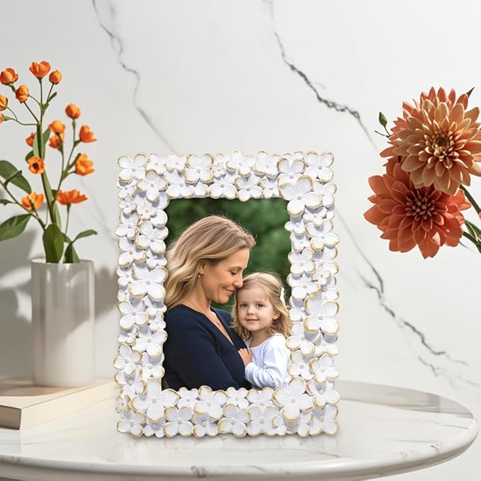 Hodao 4×6 White Floral Picture Frame — Handcrafted Textured Flower Picture Frame with Plastic Photo Cover & Built-In Easel for Tabletop Display, Decorative Home Décor, Nursery & Photo Keepsake