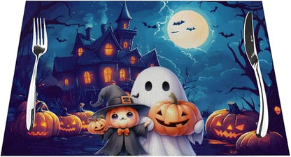 PVC Placemats Set of 1 Wipeable Table Mats Washable Heat Resistant Non Slip Vinyl Dining Table Mat for Kitchen Indoor Outdoor Patio Farmhouse Place Mats Halloween Castle Pumpkin Ghosts Decorative
