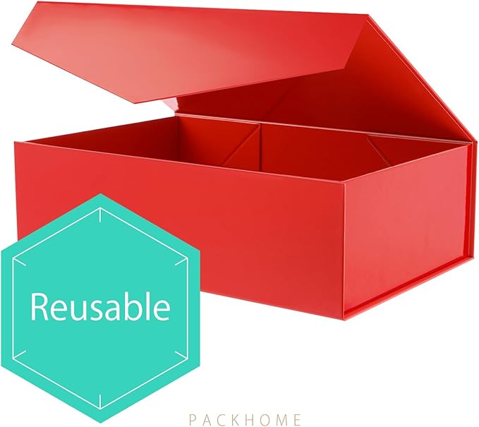 PACKHOME 6 Large Christmas Gift Boxes with Lids 13.5x9x4.1 Inches, Sturdy Collapsible Gift Boxes with Magnetic Closure for Xmas (Glossy Red)
