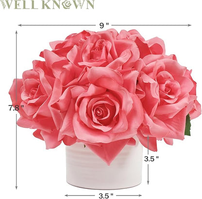 WELL KNOWN Artificial Flowers in Vase, Silk Rose Arrangement Mini Potted Realistic Fake Flowers with Ceramic Vase for Wedding Vanity Home Centerpiece Coffee Table Bathroom Anniversary Decor (Hot pink)