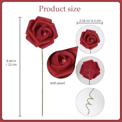 50PCS Foam Roses with Pearls 2.56in Burgundy Roses Artificial Flowers Bulk Foam Flowers with Stem for Wedding, Bridal Shower, Cake, Graduation and Home Decor(Burgundy)