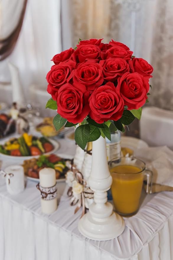 Artificial Rose Flower Red Flowers Red Rose Flowers Silk Flowers 12 pcs with Long Stem Silk Roses Bouquet for Wedding Bridal Shower Party Home Decoration