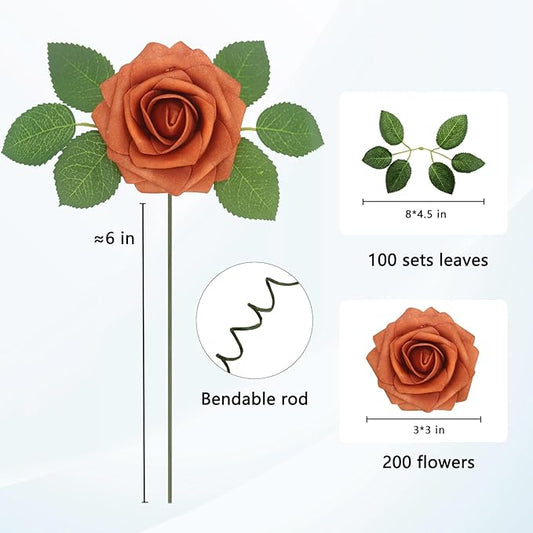 JOYLEX Artificial Flowers Realistic Roses, Real Looking Fake Roses with Stem for DIY Wedding Bouquets Centerpieces Bridal Shower Party Home Romantic Decorations (Burnt Orange, Regular 3" - 200pcs)