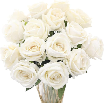 Cloudecor 15Pcs White Roses Artificial Flowers Fake Roses Long Stem Velet Rose Silk Flowers for Home Wedding Decoration (Round Roses,Cream White)