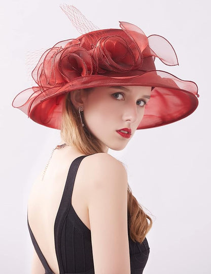 Organza Derby Hats for Women Wide Brim Fascinator Hat Rose Flower Wedding Tea Party Hat