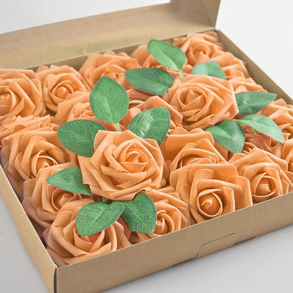 homEdge Artificial Rose, 25pcs Foam Artificial Flowers with Stem for Home Decorations, Wedding Bouquets, Party, Certerpieces, Anniversaries-Orange