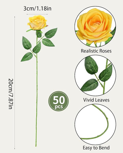 LFF 50Pcs Yellow Roses Artificial Flowers with Long Stems, Realistic Velvet Faux Roses in Bulk, Wedding Bouquet, DIY Floral Arrangement for Home/Wedding/Proposal Ceremony Decoration(Yellow)