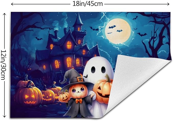 PVC Placemats Set of 6 Wipeable Table Mats Washable Heat Resistant Non Slip Vinyl Dining Table Mat for Kitchen Indoor Outdoor Patio Farmhouse Place Mats Halloween Castle Pumpkin Ghosts Decorative
