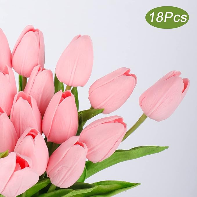 Beferr Pink Tulips Artificial Flowers 18Pcs Faux Tulip Real Touch Tulip Fake Flowers Bouquets Arrangements for Mothers Day Spring Easter Wedding Home Table Decor Pink