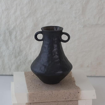 Rustic Small Ceramic Vase, Handcrafted Black Farmhouse Vase, Wabi Sabi Pottery Decor for Kitchen, Bedroom, Office, Living Room, Bathroom, Shelf Centerpiece Table