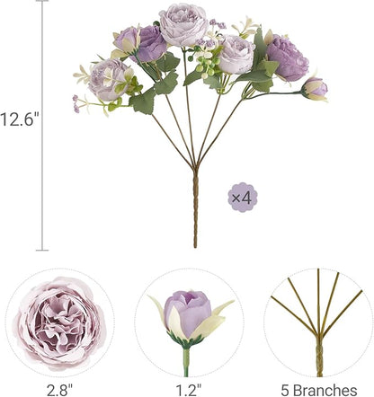 Mkono Peonies Artificial Flowers, Small Silk Flowers for Home Decor Indoor Fake Bouquet Faux Floral Arrangements Dining Table Centerpieces for Kitchen Bridal Wedding Party Decor Purple