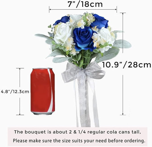 Rinlong 7“ Blue Wedding Bouquet for Bride Bridesmaid Artificial Toss Bouquet Royal Navy Blue Silk Bridal Bouquet Wedding Prom Bouquets