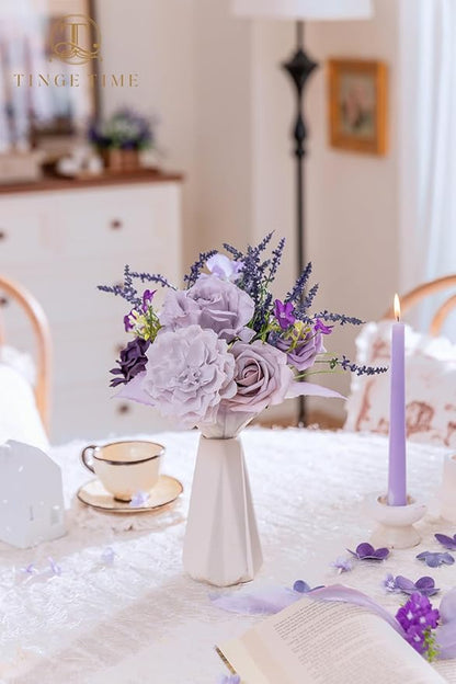 TINGE TIME 7 Inch Artificial Flowers Wedding Bouquets for Bridesmaid, Set of 4, Lavender Bride Tossing Bouquet for Rustic Wedding Ceremony Bridal Shower Rehearsal Dinner Vintage Party