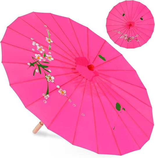 33" Hot Pink Flower Silk Cloth Decoration Handmade Parasol Umbrella Chinese Japanese Asian DIY Art Dance Classical Umbrella for Wedding Parties Photography Costumes Cosplay (Hot Pink)