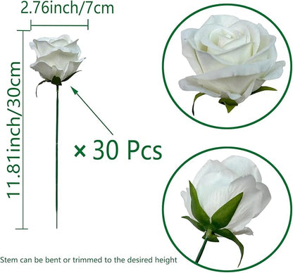 FagusHome 30 Pcs Silk Rose Artificial Flowers Roses Bulk Bouquet Fake Flowers Rose Heads with Stems for Home Wedding Decor (White)