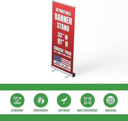 Custom Retractable Banner with Stand (33”x81”) by BCB Print | Personalized Roll-Up Banner for Advertising & Trade Shows | HD Printed Vertical Pull Up | Express Dispatch & Ship | Made in USA