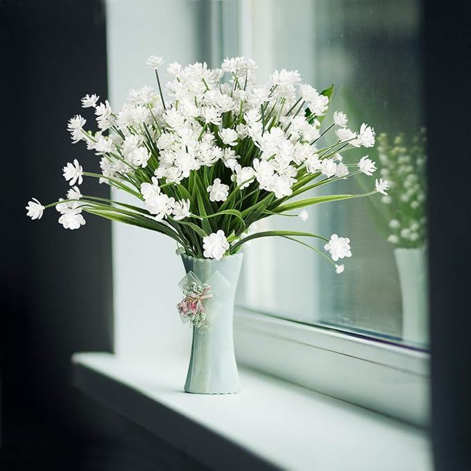 8 Bundles Artificial Flowers, Fake Artificial Greenery UV Resistant No Fade Faux Plastic Plants for Wedding Bridle Bouquet Indoor Outdoor Home Garden Kitchen Office Table Vase (White)