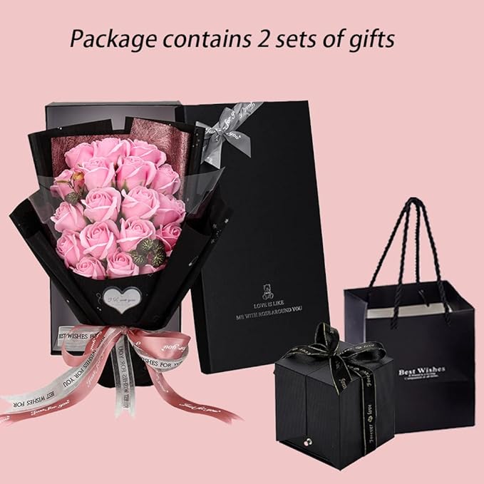 EIGHTOWN Roses Bouquet Artificial Flower - Preserved Pink Rose Flowers with Love Necklace for Her - Unique Gifts Valentine's Day, Mother's Day, Thanksgiving, Birthday, Anniversary