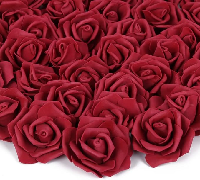 Artificial Rose Flower Heads, INSUNSIX 100pcs Burgundy Fake Roses Artificial Flower Foam Rose Heads for DIY Wedding Bouquets Centerpieces Arrangements Party Baby Shower Home Decor (Stemless, Burgundy)