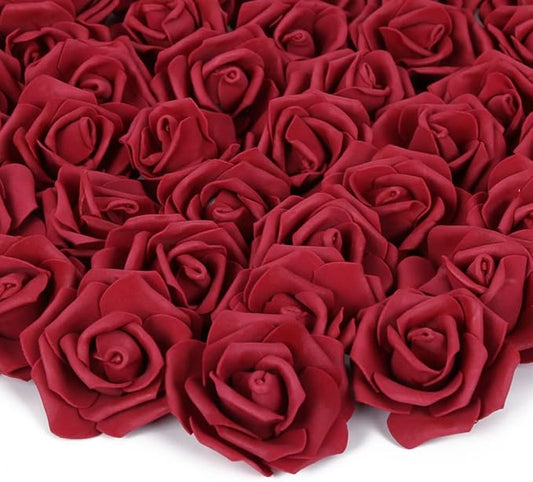 Artificial Rose Flower Heads, INSUNSIX 100pcs Burgundy Fake Roses Artificial Flower Foam Rose Heads for DIY Wedding Bouquets Centerpieces Arrangements Party Baby Shower Home Decor (Stemless, Burgundy)