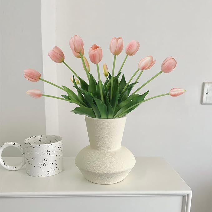 15 Pcs Fall Pink Artificial Flowers Tulips Real Touch Latex Plastic Soft Faux Bouquets for Party, Wedding, Home, Room, Garden Decor