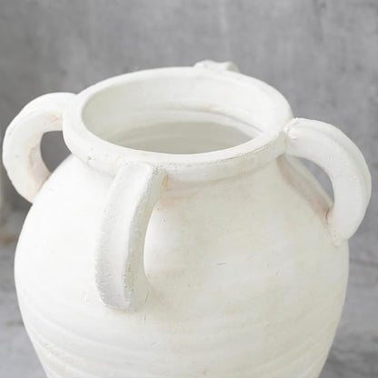 Rustic White Ceramic Vase, Wide Mouth Terracotta, Antique Decorative Flower Vase with 4 Handles, 9.7 in