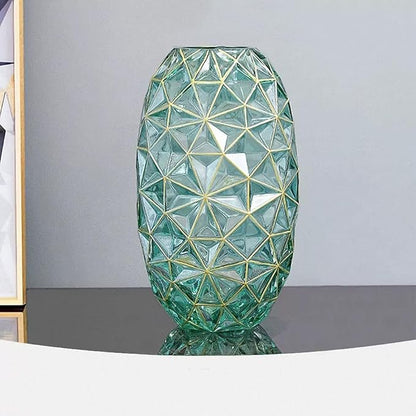 Hand Painted Gold and Green Diamond Shaped Glass Crystal Vase 13.6 inch Tall (Hand Painted Gold and Green)