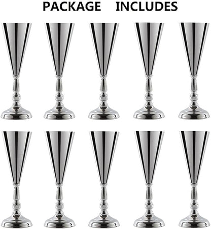 Tabletop Metal Wedding Flower Trumpet Vase Table Decorative Gold,Silver Candlestick Holders Flower Vase Stand Wedding Road Lead Tall Flower Holders (Silver, 10xM)