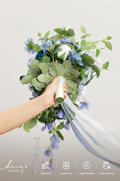 Ling's moment Dusty Blue Bridal Bouquet Cascading, Blue Wedding Bouquets for Bride, 13 Inch Bride Bouquets for Wedding Artificial Flowers Bouquets