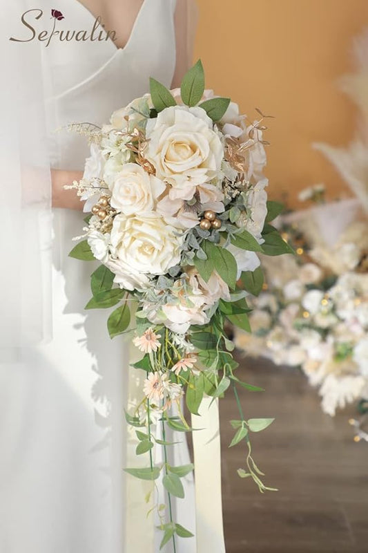 Serwalin 9.8 Inch Wedding Bouquets for Bride Bridesmaid, Champagne Rose Bridal Bouquets for Bride, Wedding Flowers Bouquet Tossing Bouquet, Wedding Ceremony and Anniversary Day Decoration