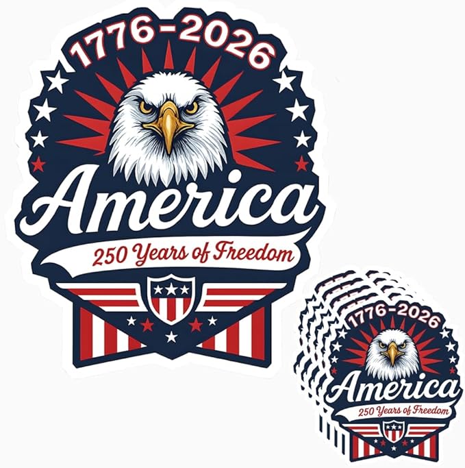HANDICHI Design 5-Pack 2 Inch USA 250th Anniversary Stickers – Bald Eagle “250 Years of Freedom” Patriotic Vinyl Decals 1776-2026 for Cars, Laptops & Scrapbooks