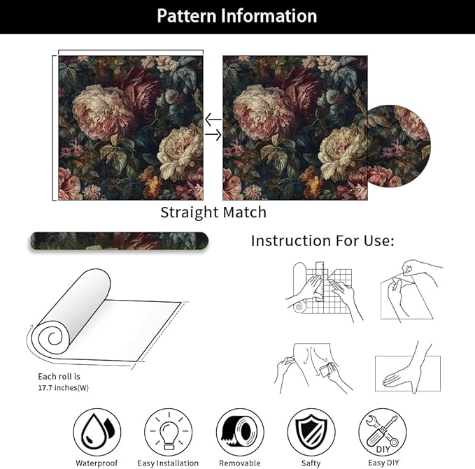 Dark Black Pink White Plum Floral Peony Flowers Peel and Stick Wallpaper Easy Peel Off Contact Paper Stick on Adhesive Wall Paper for Bathroom Waterproof Renter Friendly