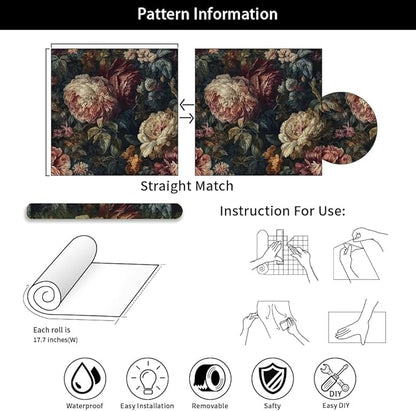 Dark Black Pink White Plum Floral Peony Flowers Peel and Stick Wallpaper Easy Peel Off Contact Paper Stick on Adhesive Wall Paper for Bathroom Waterproof Renter Friendly