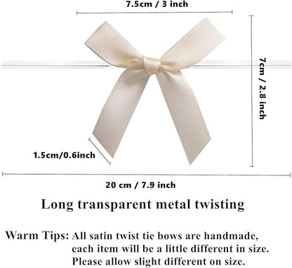 50 PCS 3 Inches Ribbon Twist Tie Bows for Treat Bags, Satin Bow Twist Ties, Pretied Bows, Twist Bows, Tied Bows with Wire, Pre Tied Ribbon Bows for Baby Shower, Favors, Popcorn(Ivory White)