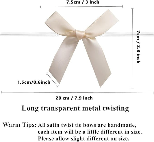 50 PCS 3 Inches Ribbon Twist Tie Bows for Treat Bags, Satin Bow Twist Ties, Pretied Bows, Twist Bows, Tied Bows with Wire, Pre Tied Ribbon Bows for Baby Shower, Favors, Popcorn(Ivory White)