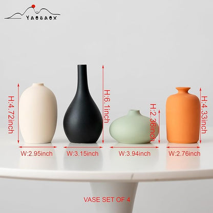 Set of 4 Small Matte Ceramic Vases - Modern & Bohemian Decor for Home, Office, Shelve, Living Room Table, Mantel, Bedroom, Entryway, Rustic Farmhouse Decorative Vases & More（Hademade