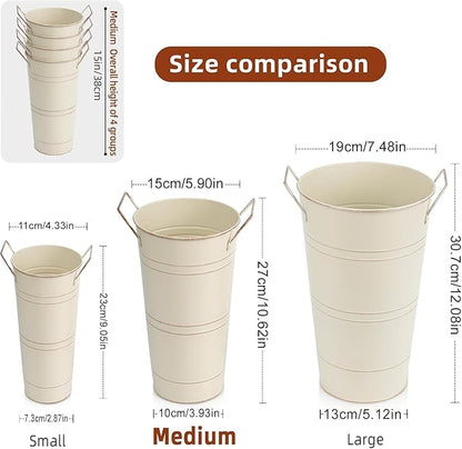 Notakia 10.62 Inch Galvanized Metal Vases Farmhouse French Flower Bucket Vases for Cut Flowers for Home Decor and Wedding Table Centerpiece Decorations (Medium Beige 8Pcs)