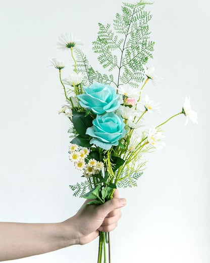 DuHouse 10pcs Fake Roses Artificial Silk Flowers Faux Rose Flower Long Stems Bouquet for Arrangement Wedding Centerpiece Party Home Kitchen Decor(Teal Blue)