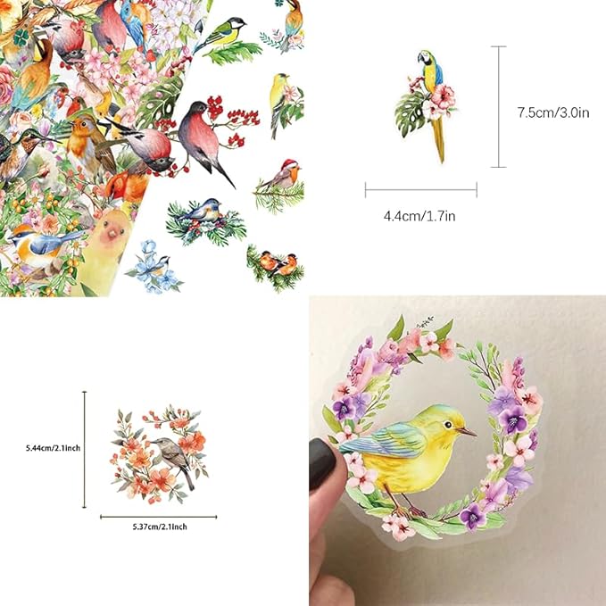 50PCS Watercolor Bird & Flower Stickers, PET Transparent Waterproof Decals for Scrapbooking, Journal Planners, Phone Cases, Laptops, DIY Crafts Decorations - Nature Theme Art Supplies