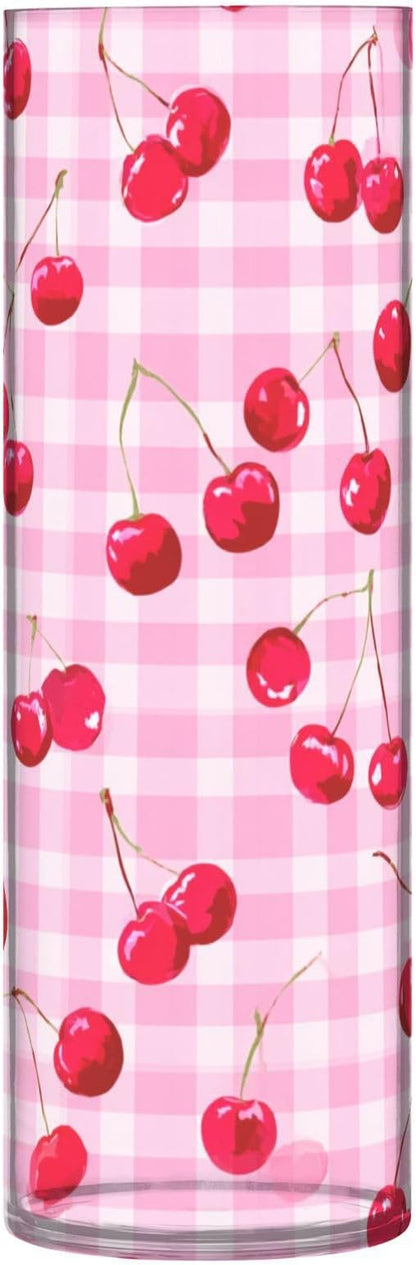 Flower Vase Clear Plastic Cylinder Vases Decor for Centerpieces Home Storage Office Weddings Pink Juicy Checkered Cherry 11.8 x 3.9 in