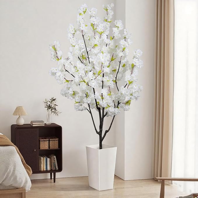 Indoor Faux Cherry Blossom Tree White Artificial Flower Tree, Artificial Cherry Blossom Tree 6 FT for Living Room Bedroom Decor Gift