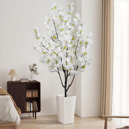 Indoor Faux Cherry Blossom Tree White Artificial Flower Tree, Artificial Cherry Blossom Tree 6 FT for Living Room Bedroom Decor Gift