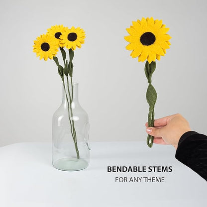 Glaciart One Felt Sunflowers Artificial Bouquet - 3 pcs | Reusable, Washable and Essential Oil Ready Yellow Artificial Flowers w/Bendable Long Wire Stems |Great Gift or Home/Event Decorations