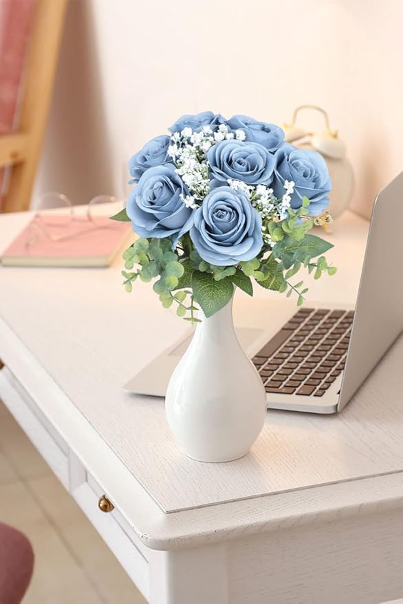 Artificial Rose Flower Artificial Flowers Flower with Long Stem Silk Roses Bouquet for Wedding Bridal Shower Party Home Decoration (Dusty Blue, 30 Pcs)