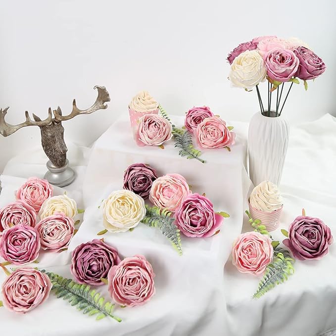 IPOPU Fake Roses 25pcs Vintage Purple Roses Artificial Flower for Decorations Colorful Artificial Roses Silk Flower Heads Bulk with Stems for Wedding Flowers Bouquet Centerpieces (Gradient Purple)