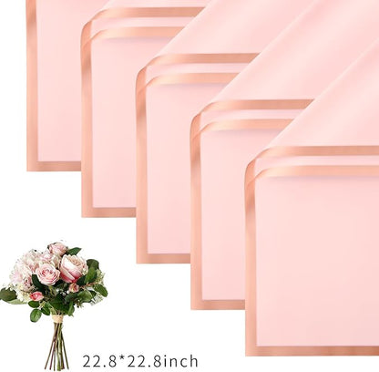 Bupduq 30 Sheets Pink Gold Edge Flower Bouquet Wrapping Paper，Florist Supplies Waterproof Floral Bouquet Wrapping Paper Bouquet Accessorie，Flower Shop Packaging Pape for DIY Gift Wedding Birthday