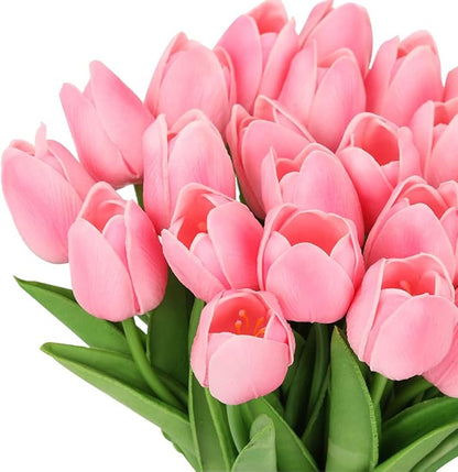 IPOPU Pink Tulips Artificial Flowers 24PCS Real Touch Tulips Flowers Fake Pink Tulips Faux Flowers for Home Decoration Wedding Bouquet Party Baby Shower Centerpieces Bridal Bouquet Decor