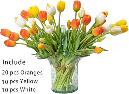 40pcs Artificial Tulips Flowers, Real Touch Latex Bouquet, Fake Tulips for Office Wedding Party Home Kitchen Garden Decoration(Orange Suit 40pcs)